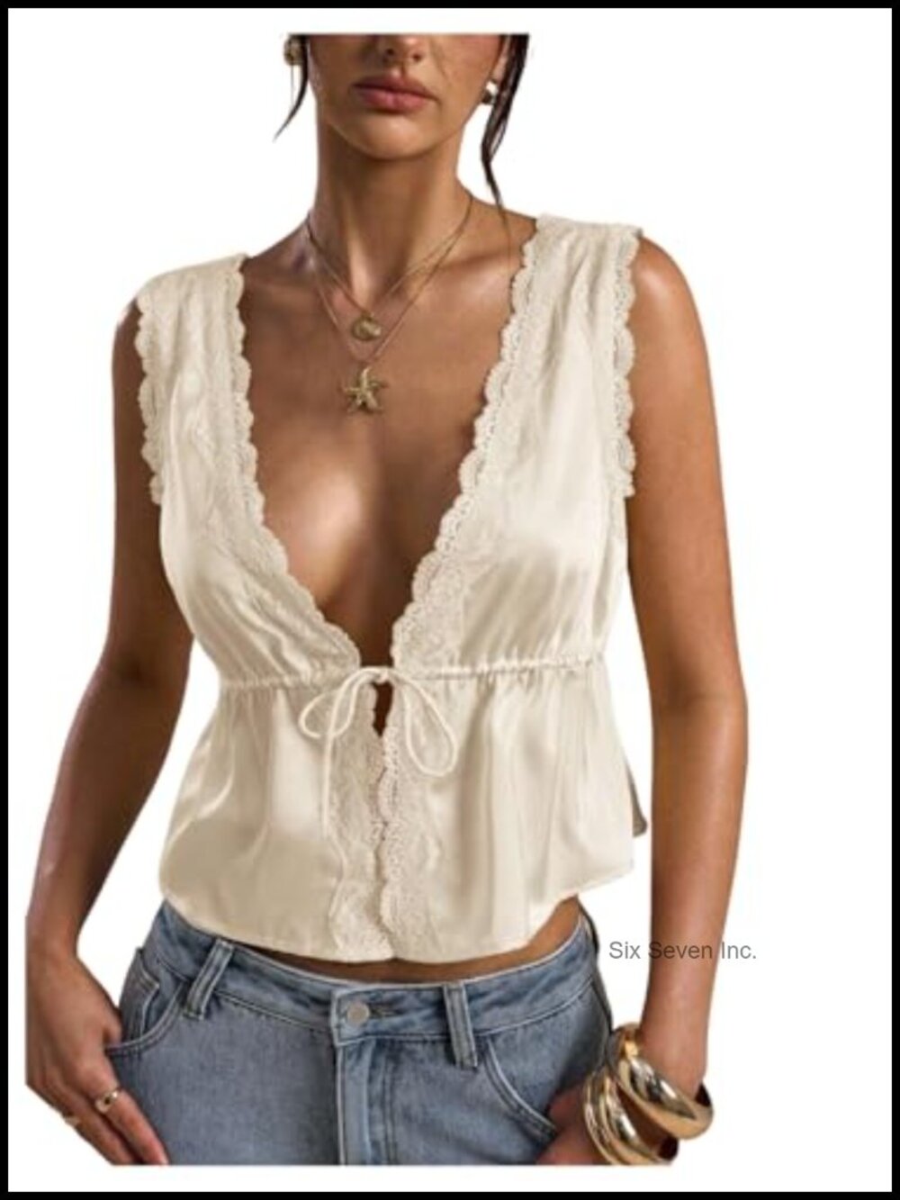 Women's Satin Lace Trim Tie Front Peplum Tank Top